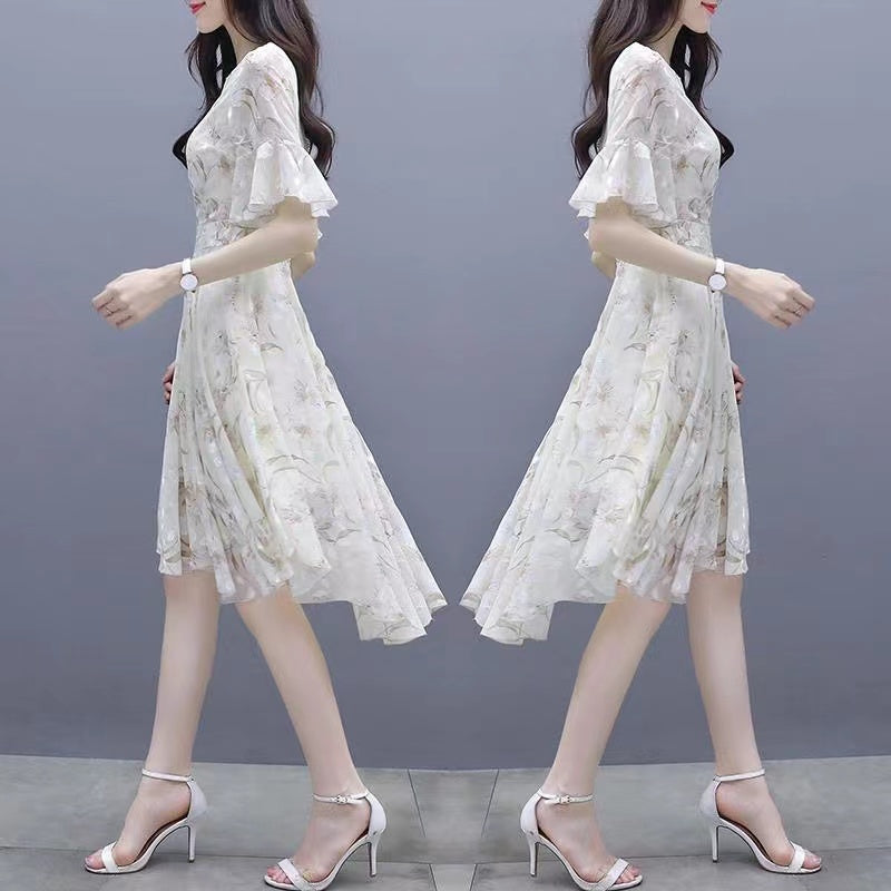 Dress Women's Summer 2022 New Korean Version Waist-Enhancing Slimming Temperament Chiffon Floral Print Dress