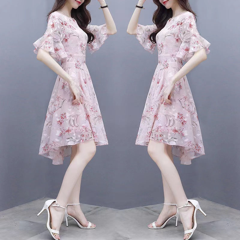 Dress Women's Summer 2022 New Korean Version Waist-Enhancing Slimming Temperament Chiffon Floral Print Dress