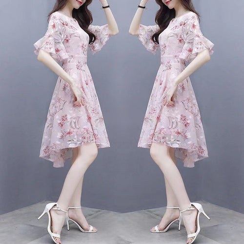 Dress Women's Summer 2022 New Korean Version Waist-Enhancing Slimming Temperament Chiffon Floral Print Dress