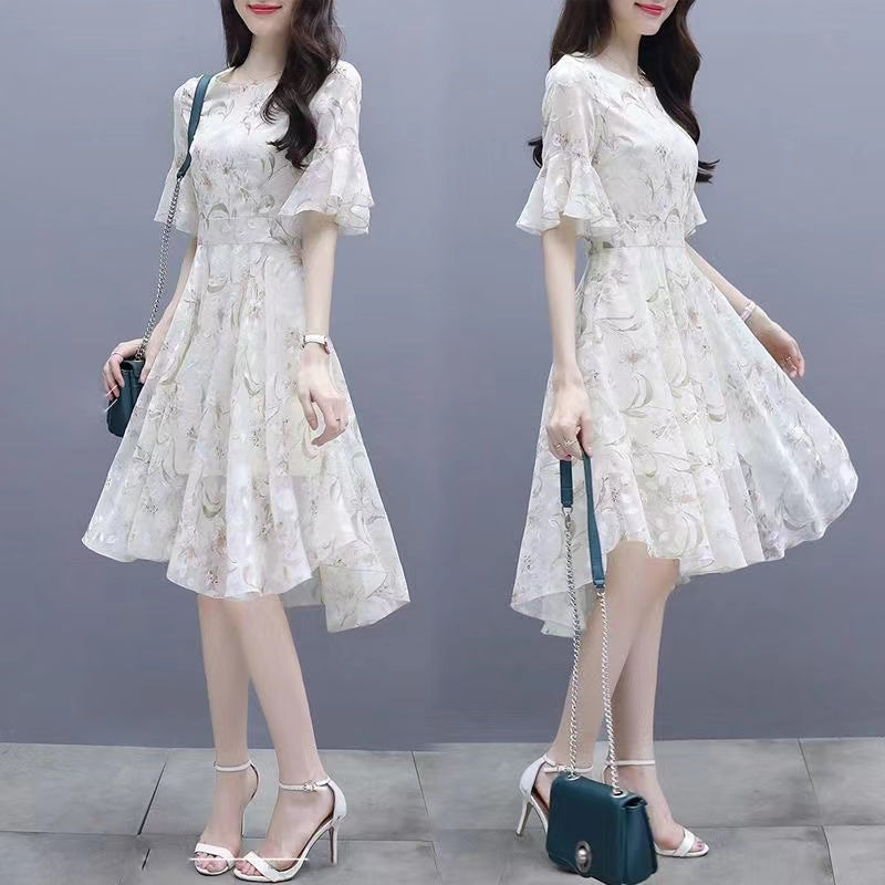 Dress Women's Summer 2022 New Korean Version Waist-Enhancing Slimming Temperament Chiffon Floral Print Dress