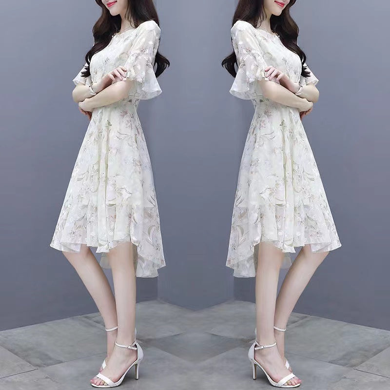 Dress Women's Summer 2022 New Korean Version Waist-Enhancing Slimming Temperament Chiffon Floral Print Dress