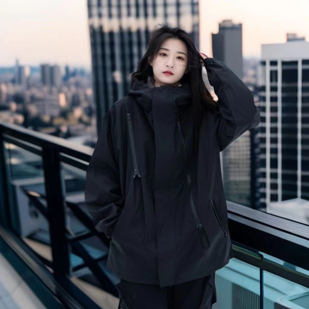 Hong Kong-style Unisex Diagonal Zipper Windbreaker Jacket, Trendy Outerwear for Outdoor Activities, Windproof Jacket for Women
