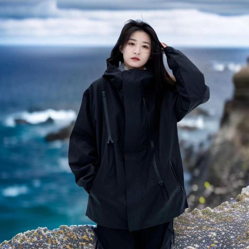 Hong Kong-style Unisex Diagonal Zipper Windbreaker Jacket, Trendy Outerwear for Outdoor Activities, Windproof Jacket for Women