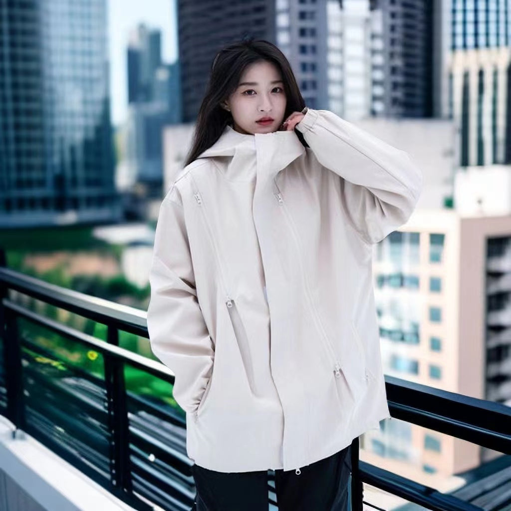 Hong Kong-style Unisex Diagonal Zipper Windbreaker Jacket, Trendy Outerwear for Outdoor Activities, Windproof Jacket for Women